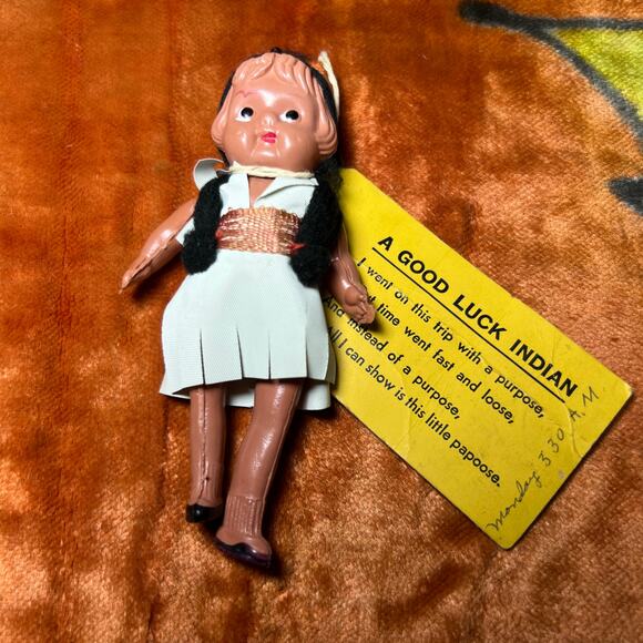 Vintage 50s Celluloid Good Luck Native American Doll Postage Mailed Postmarked - Picture 1 of 8